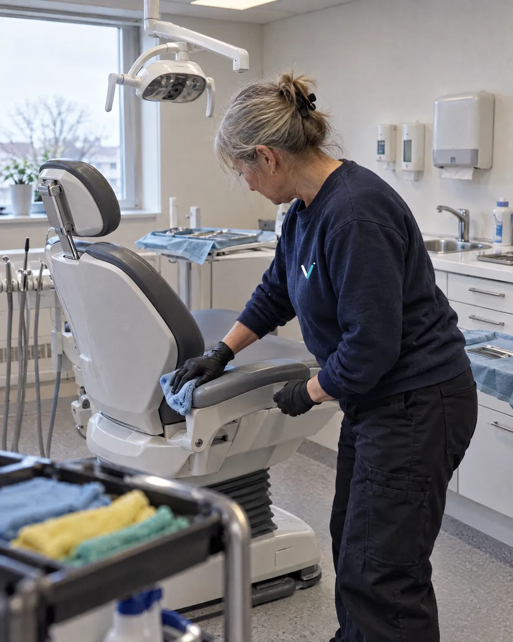 Medarbejder i handsker tørrer armlænet af på en behandlerstol i en tandklinik