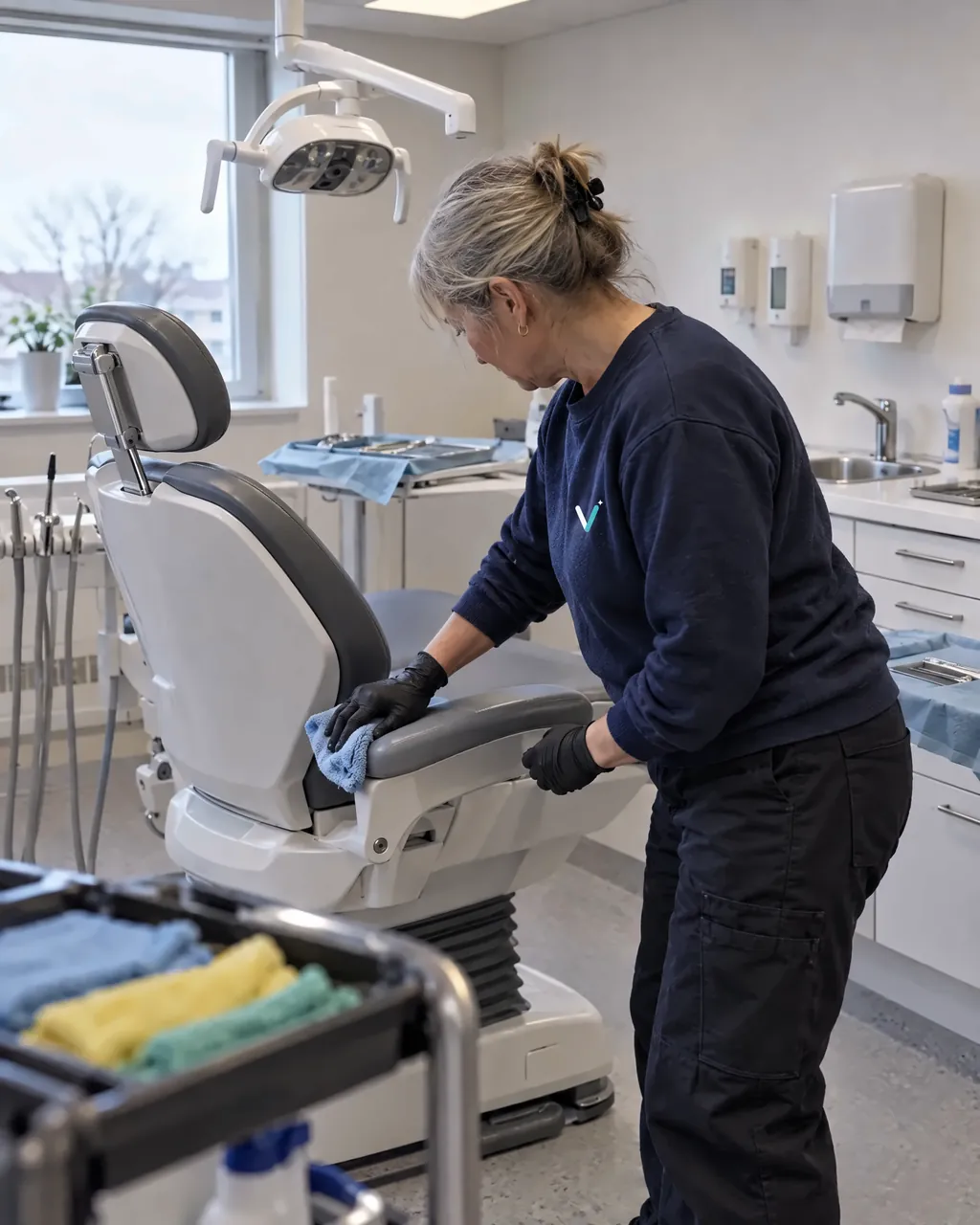 Medarbejder i handsker tørrer armlænet af på en behandlerstol i en tandklinik