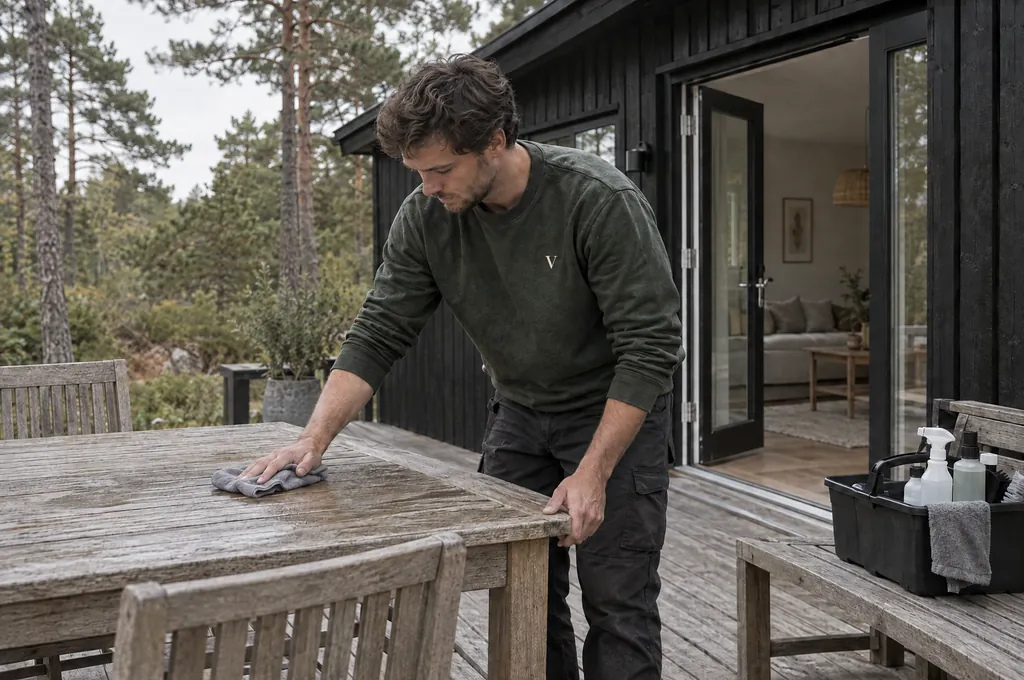 Medarbejder tørrer havebordet af på terrassen ved et sort sommerhus mellem fyrretræer