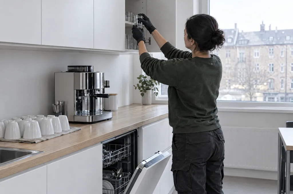 Medarbejder sætter glas på plads i et nulstillet tekøkken