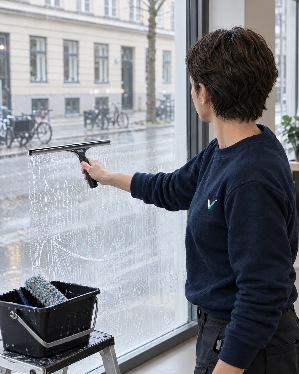 Medarbejder trækker et stort vindue af med en vinduesskraber indefra